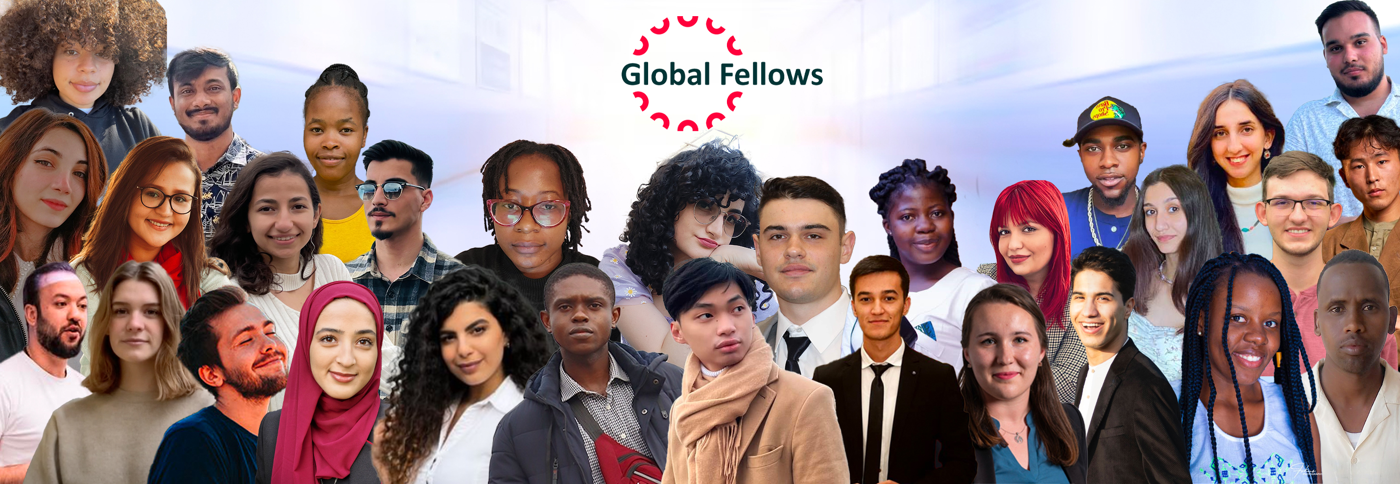 Compilation of Global Engagement Fellow alumni headshots with Global Fellows logo on top